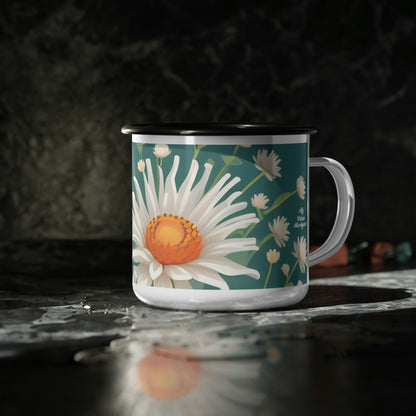 White Flowers, Enamel Camping Mug for Coffee, Tea, Cocoa, or Cereal - 12oz