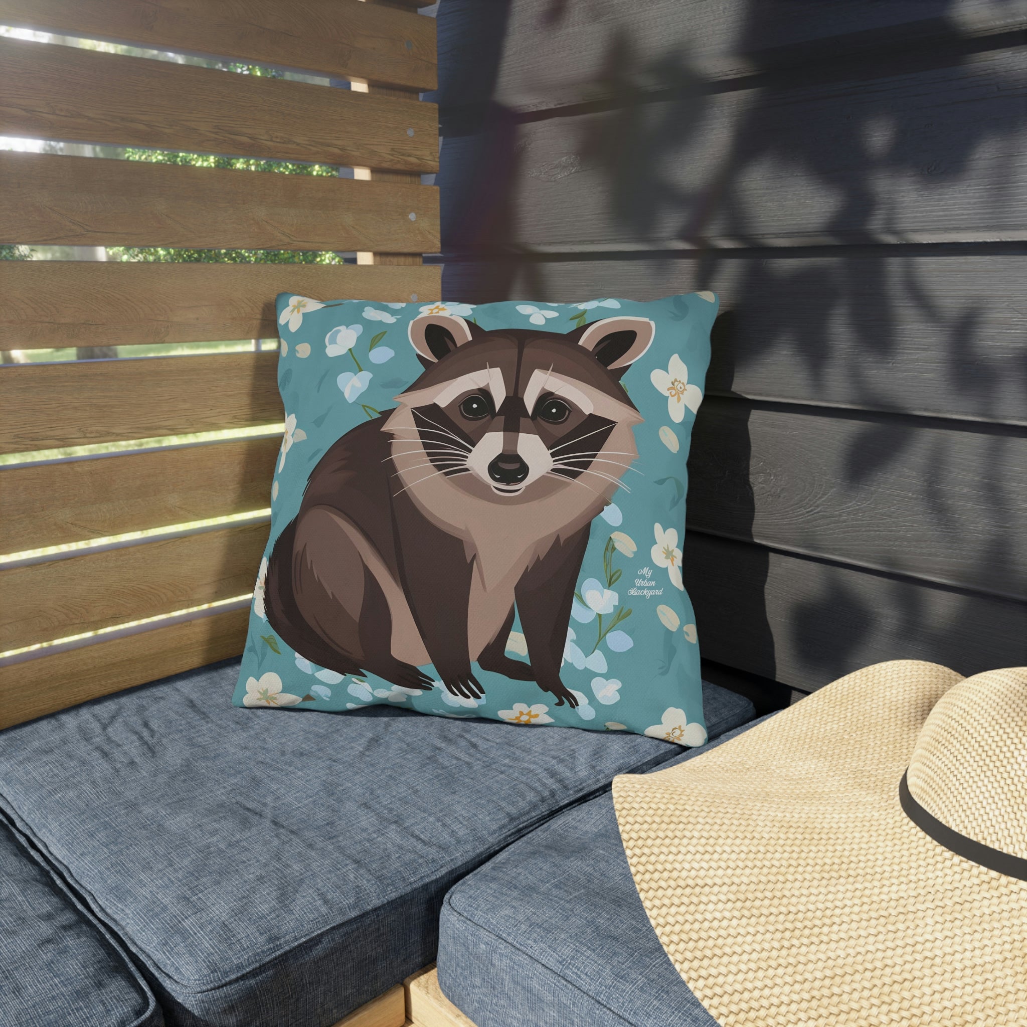 Young Raccoon and Flowers, Throw Pillow