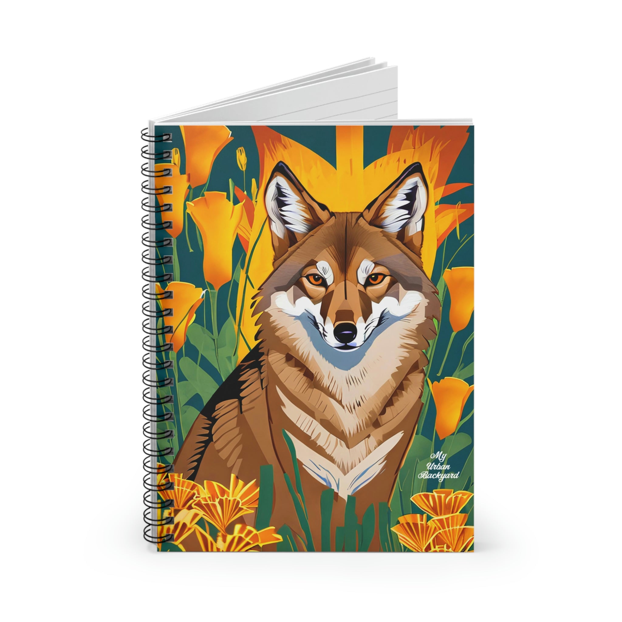 Coyote and Orange Flowers, Spiral Notebook Writing Journal - 118 Ruled Pages
