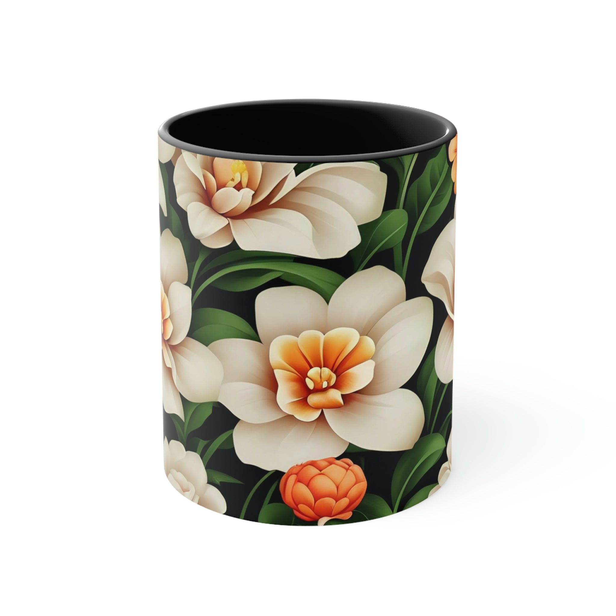 White Flowers, Ceramic Coffee Mug