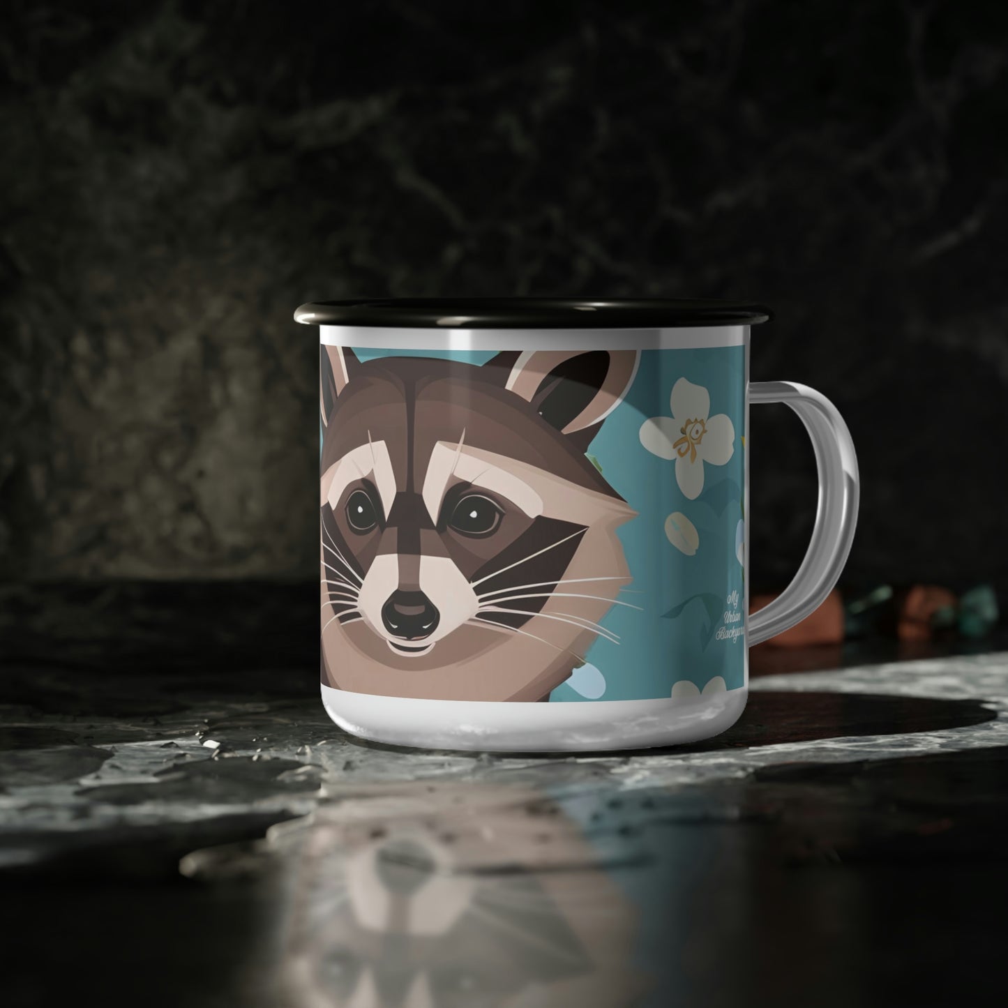 Raccoon with Flowers, Enamel Camping Mug for Coffee, Tea, Cocoa, or Cereal - 12oz