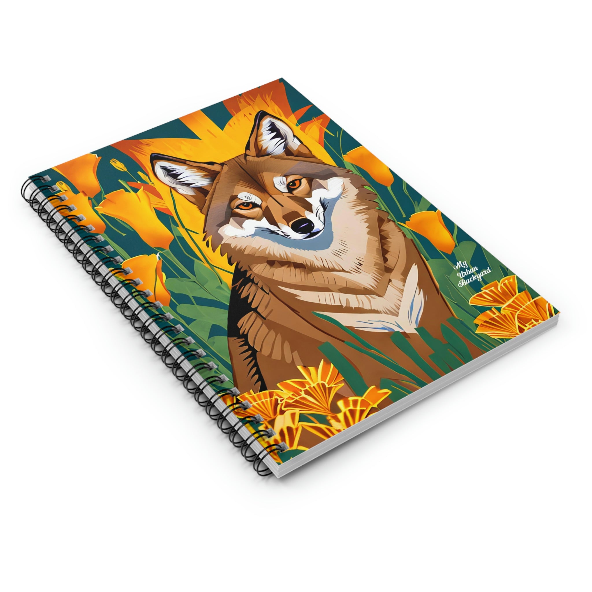 Coyote and Orange Flowers, Spiral Notebook Writing Journal - 118 Ruled Pages