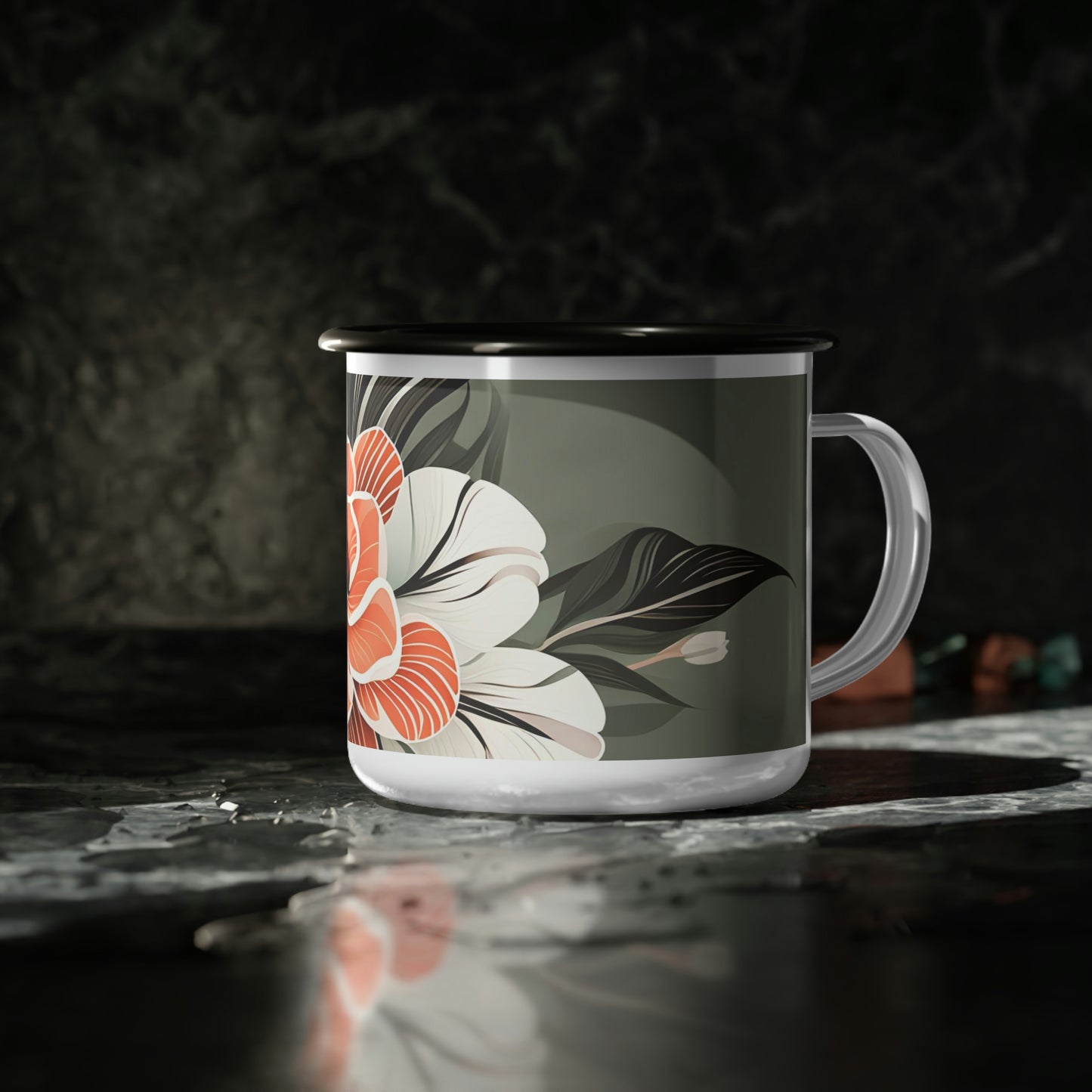 Art Deco Flower, Enamel Camping Mug for Coffee, Tea, Cocoa, or Cereal - 12oz
