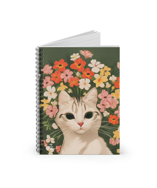 White Cat and Flowers, Spiral Notebook Journal - Write in Style