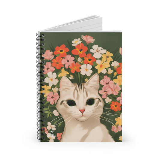 White Cat and Flowers, Spiral Notebook Journal - Write in Style