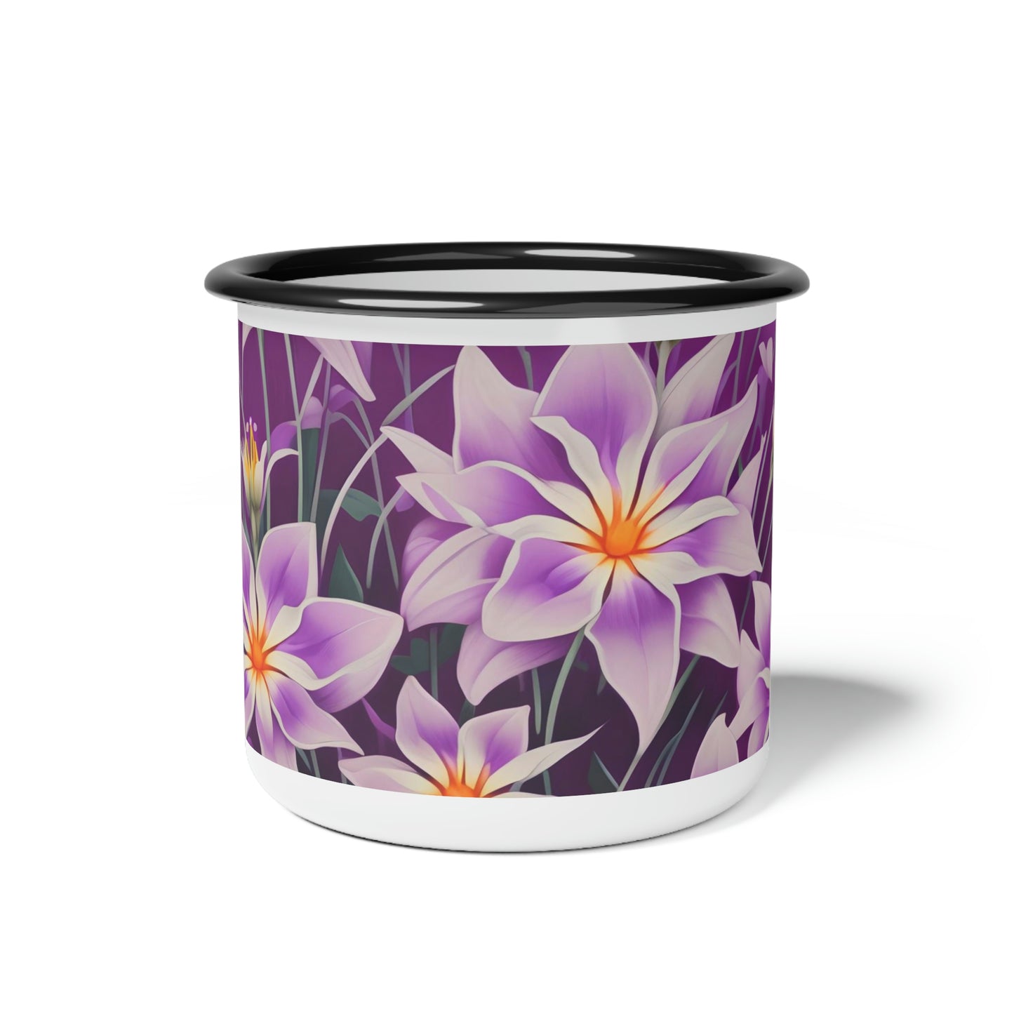 Purple Flowers, Enamel Camping Mug for Coffee, Tea, Cocoa, or Cereal - 12oz