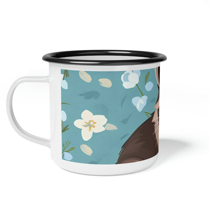 Raccoon with Flowers, Enamel Camping Mug for Coffee, Tea, Cocoa, or Cereal - 12oz