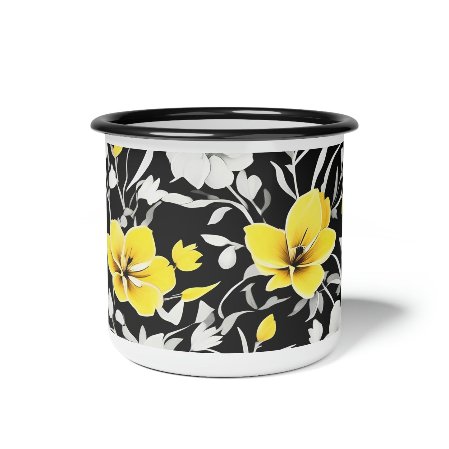 Yellow Flowers, Enamel Camping Mug for Coffee, Tea, Cocoa, or Cereal - 12oz