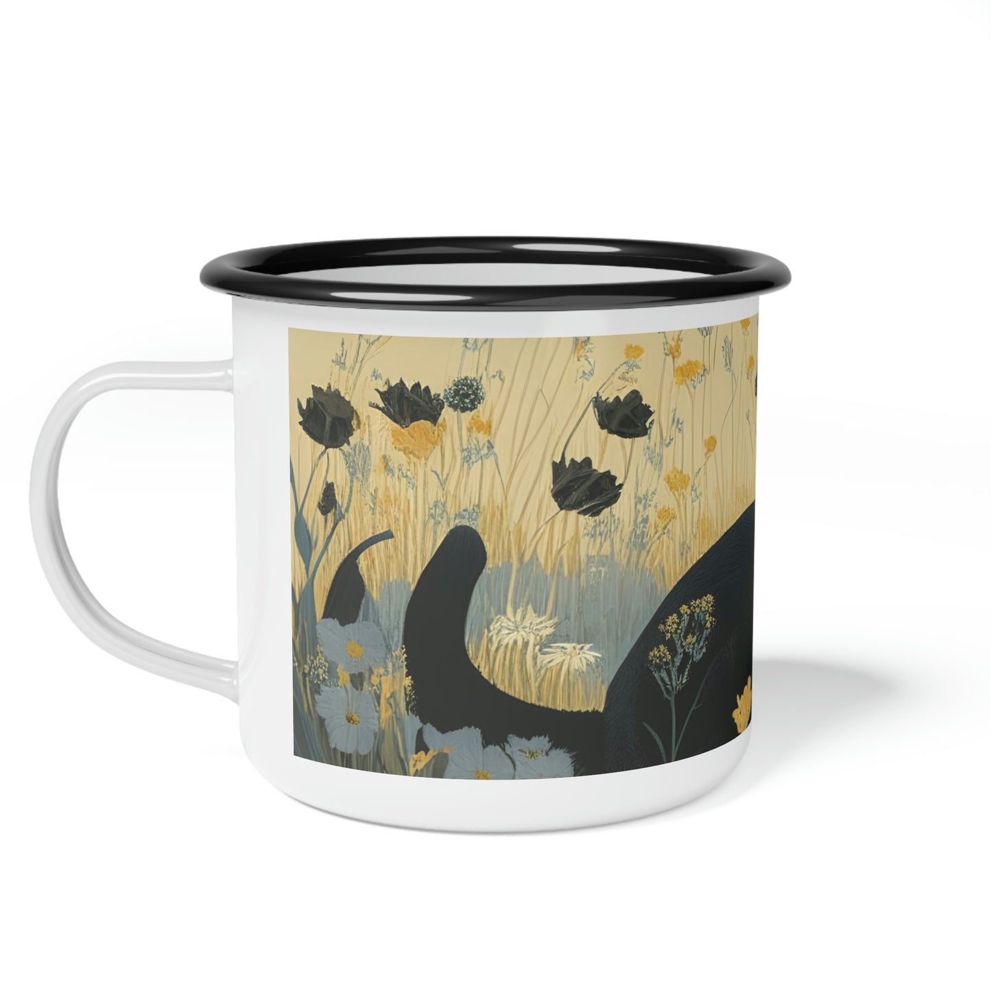 Black Cat with Black Flowers, Enamel Camping Mug for Coffee, Tea, Cocoa, or Cereal - 12oz