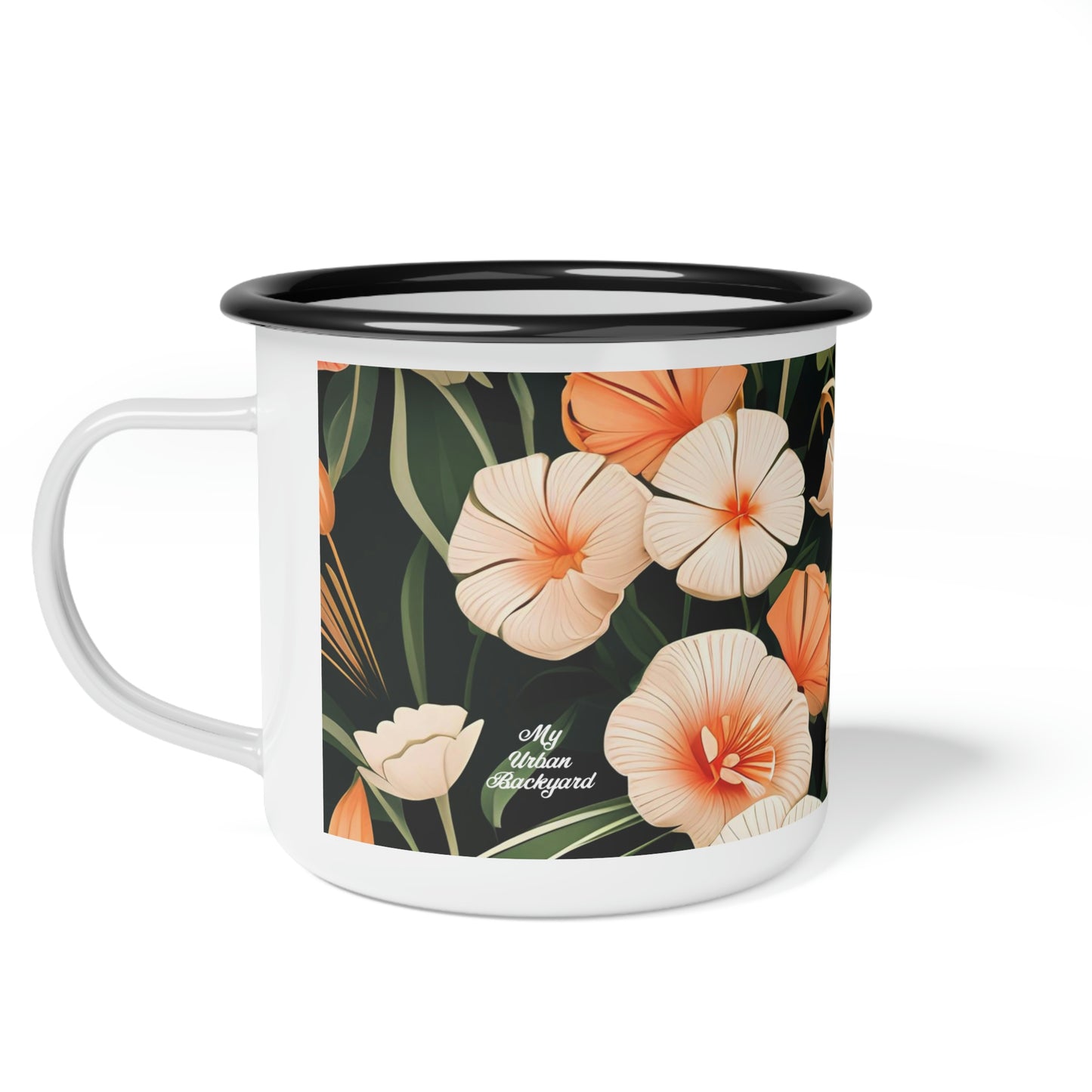 Art Deco Flowers, Enamel Camping Mug for Coffee, Tea, Cocoa, or Cereal - 12oz