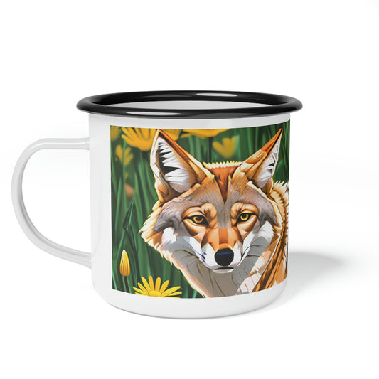 Coyote with Flowers, Enamel Camping Mug for Coffee, Tea, Cocoa, or Cereal - 12oz