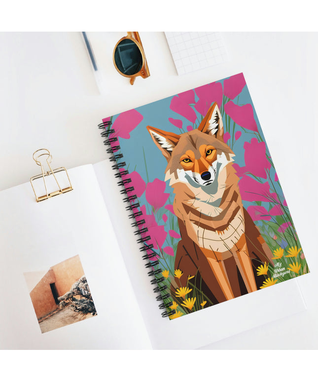 Coyote and Pink Flowers, Spiral Notebook Journal - Write in Style