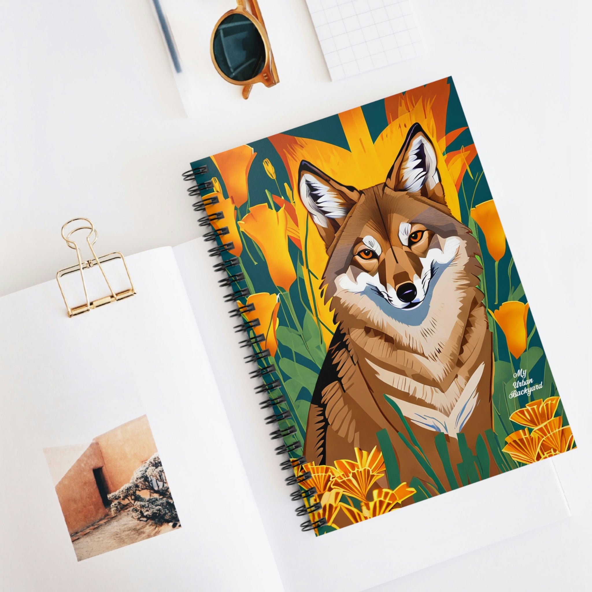 Coyote and Orange Flowers, Spiral Notebook Writing Journal - 118 Ruled Pages