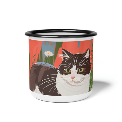 Cat with Wildflowers, Enamel Camping Mug for Coffee, Tea, Cocoa, or Cereal - 12oz