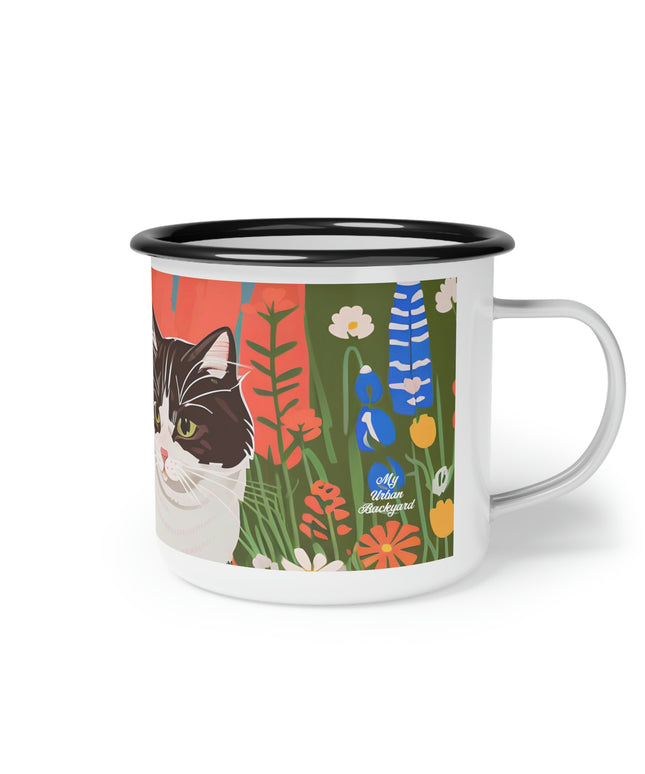 Cat with Wildflowers, Enamel Camping Mug for Coffee, Tea, Cocoa, or Cereal - 12oz