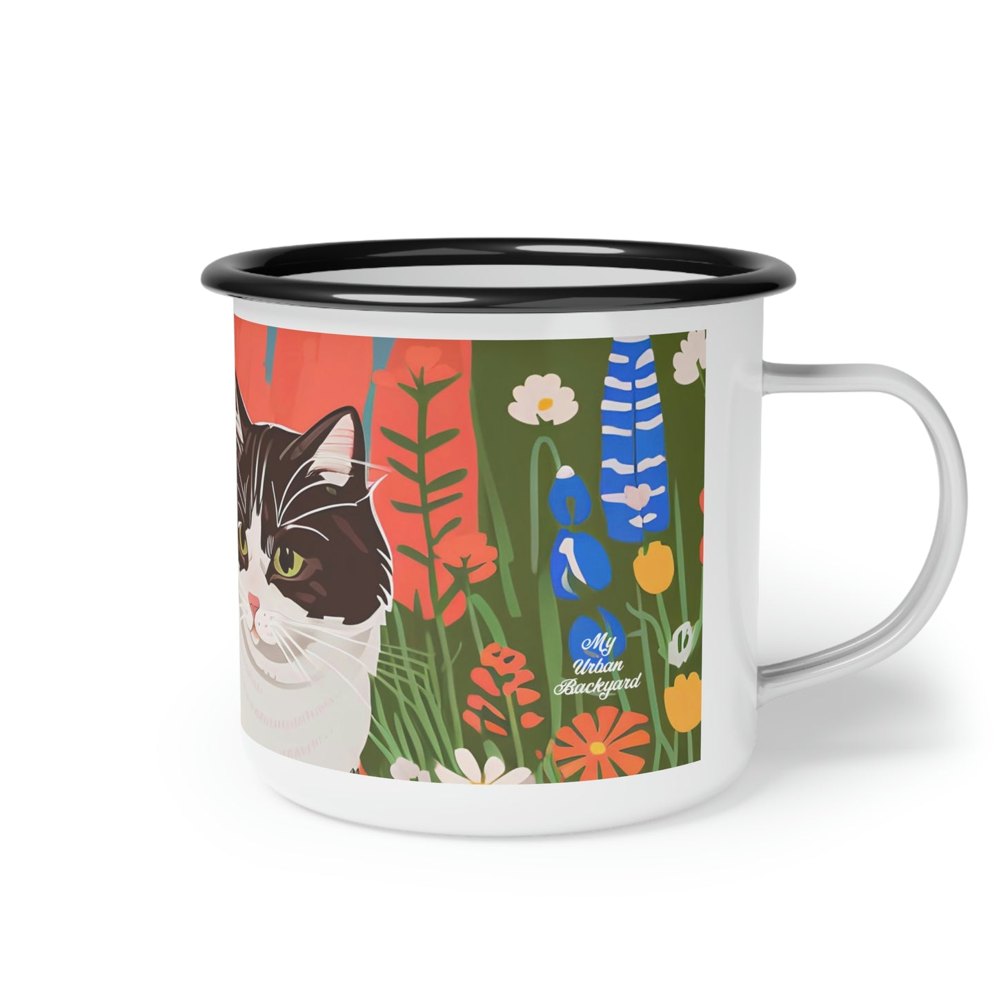 Cat with Wildflowers, Enamel Camping Mug for Coffee, Tea, Cocoa, or Cereal - 12oz