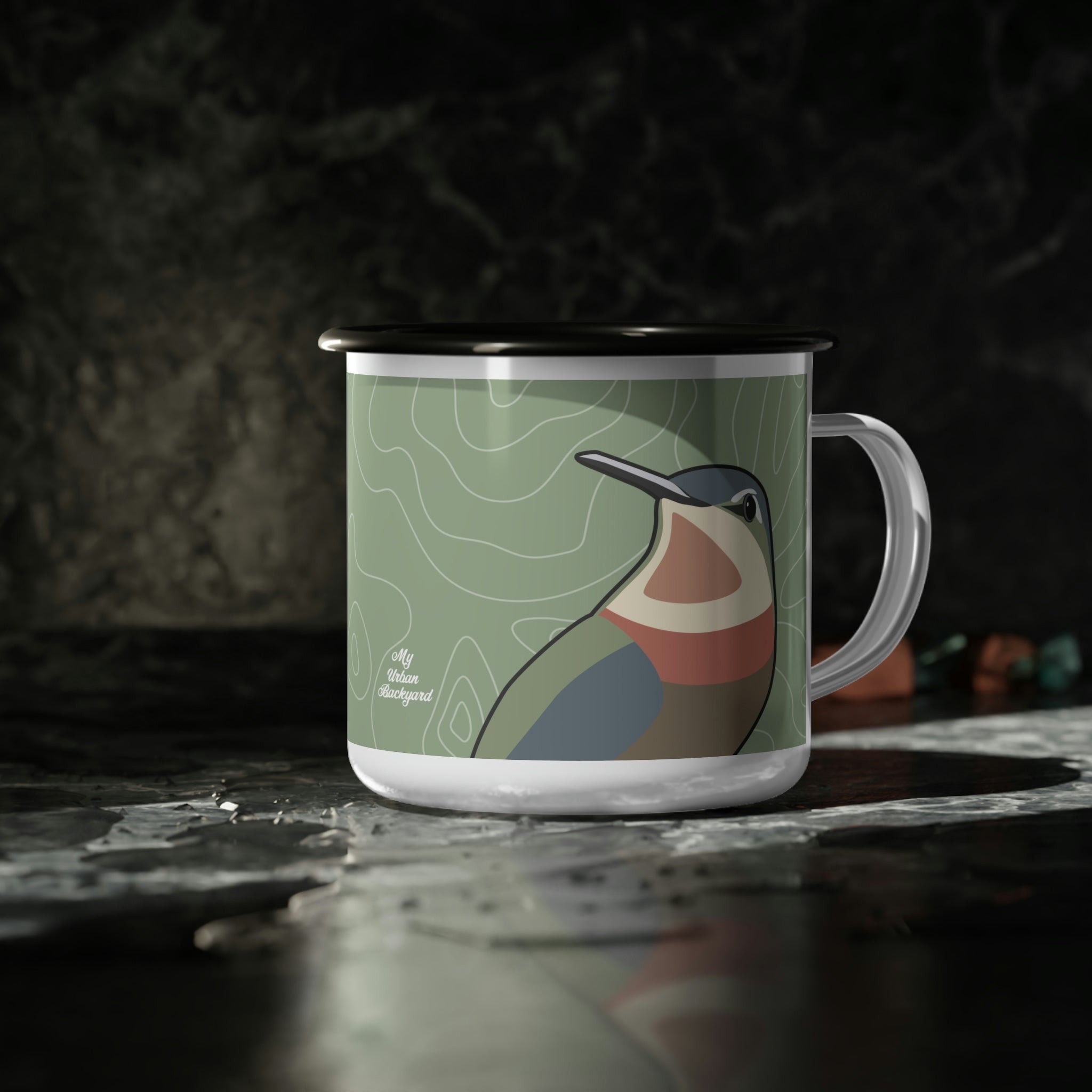 Hummingbirds on Sage Green, Enamel Camping Mug