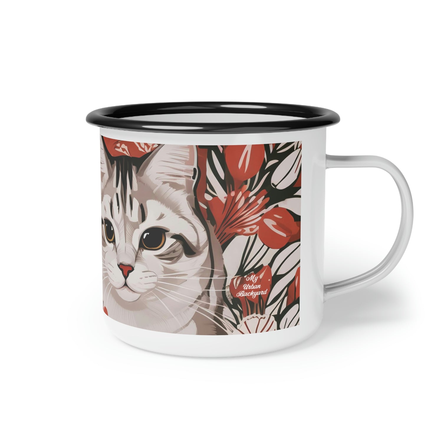 White Cats, Enamel Camping Mug for Coffee, Tea, Cocoa, or Cereal - 12oz