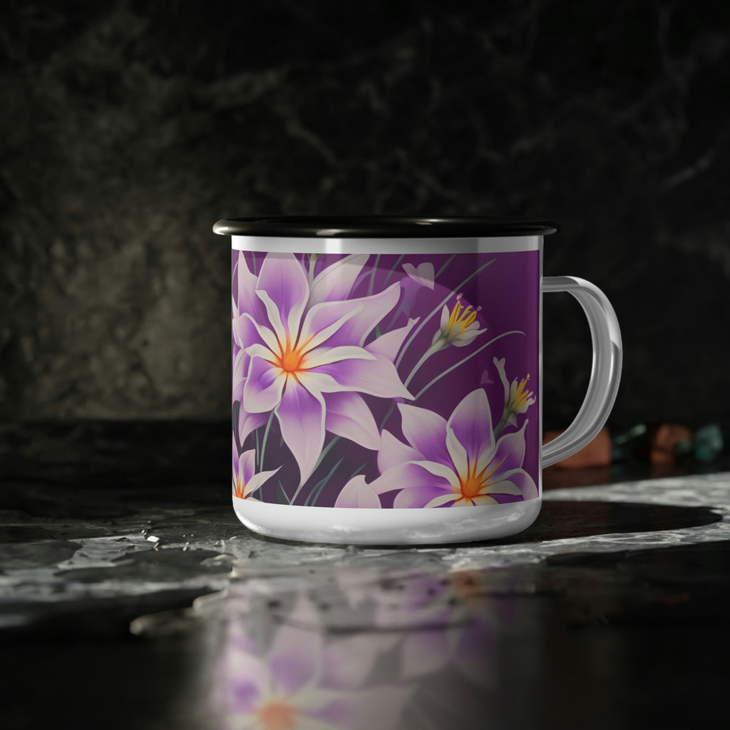 Purple Flowers, Enamel Camping Mug for Coffee, Tea, Cocoa, or Cereal - 12oz