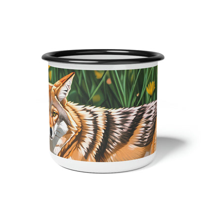 Coyote with Flowers, Enamel Camping Mug for Coffee, Tea, Cocoa, or Cereal - 12oz