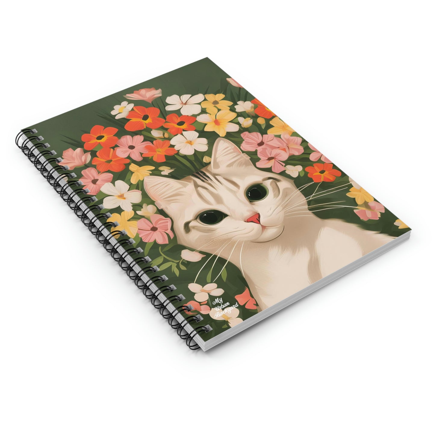 White Cat and Flowers, Spiral Notebook Journal - Write in Style