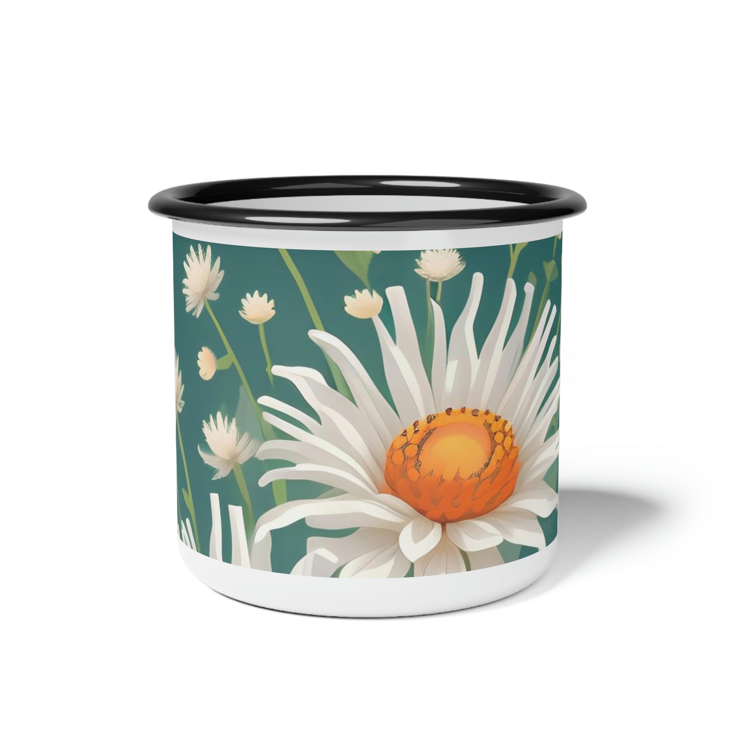 White Flowers, Enamel Camping Mug for Coffee, Tea, Cocoa, or Cereal - 12oz