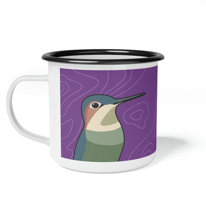 Hummingbirds on Wildflower Purple, Enamel Camping Mug for Coffee, Tea, Cocoa, or Cereal - 12oz
