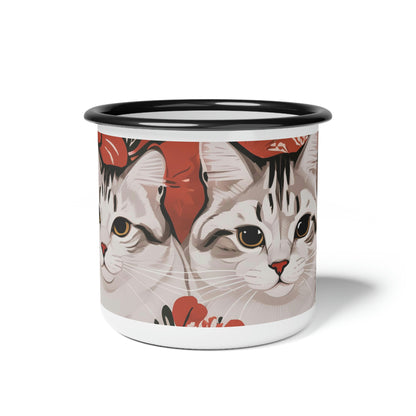 White Cats, Enamel Camping Mug for Coffee, Tea, Cocoa, or Cereal - 12oz