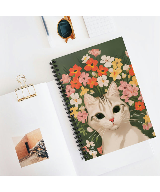 White Cat and Flowers, Spiral Notebook Journal - Write in Style