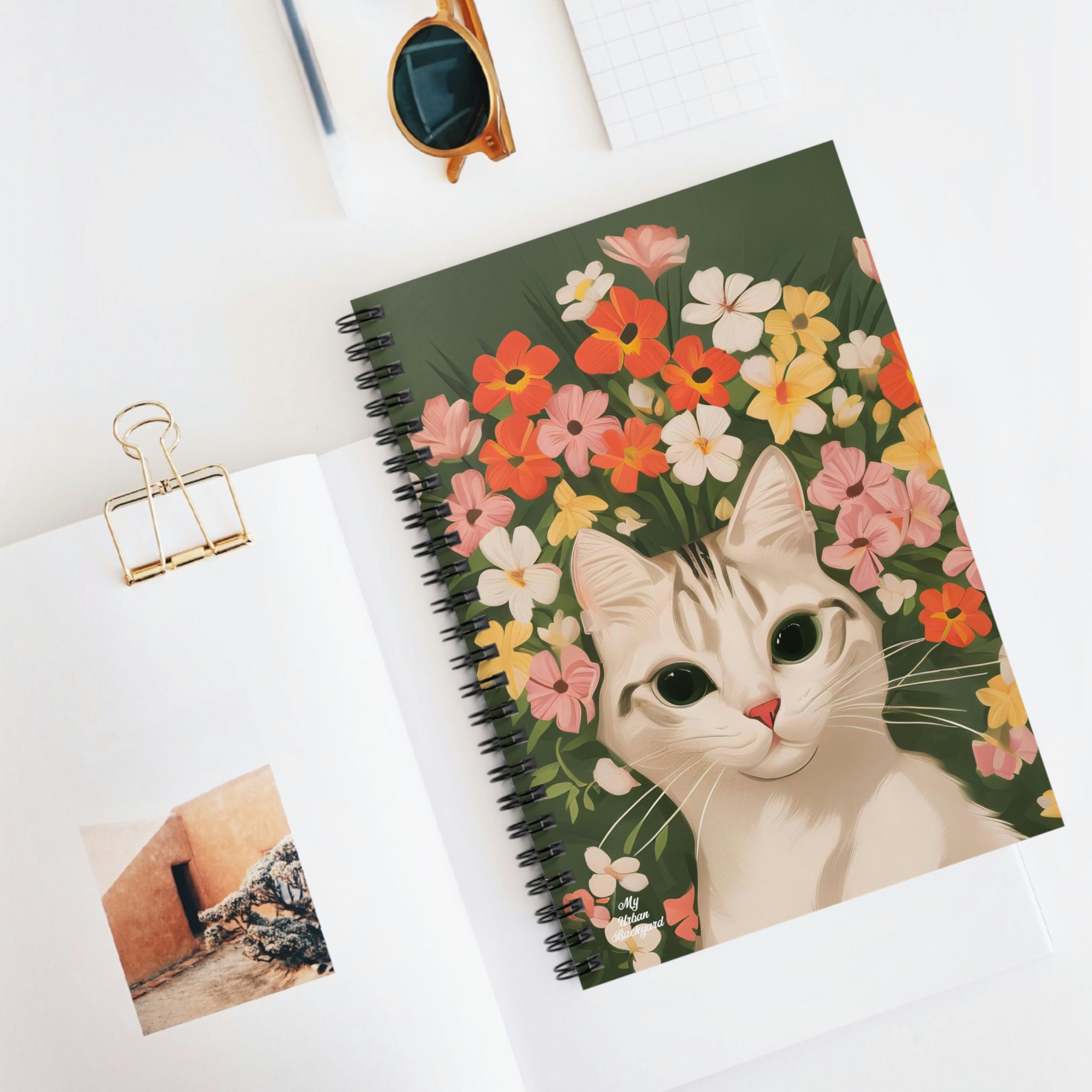 White Cat and Flowers, Spiral Notebook Journal - Write in Style