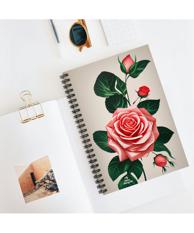 Spiral Notebook Writing Journal with 118 ruled line pages - Pink Rose Flowers