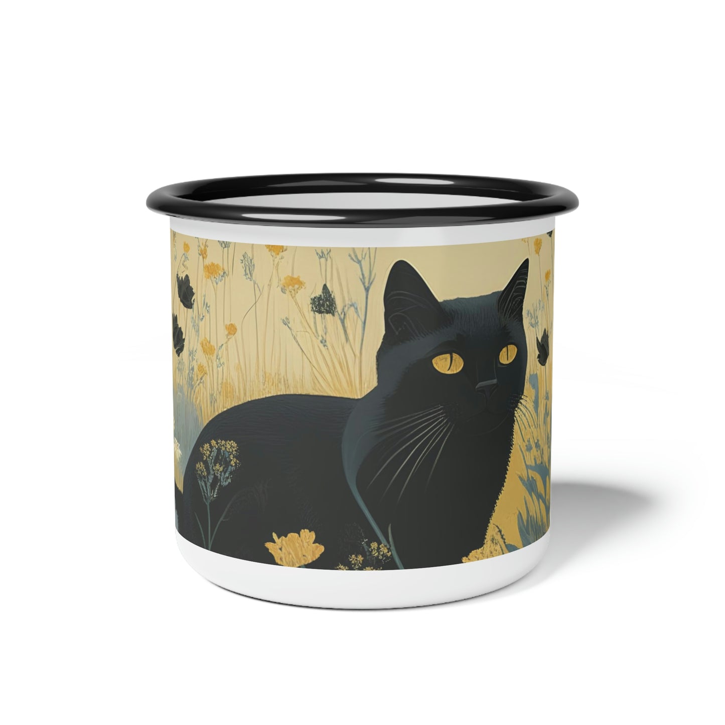 Black Cat with Black Flowers, Enamel Camping Mug for Coffee, Tea, Cocoa, or Cereal - 12oz
