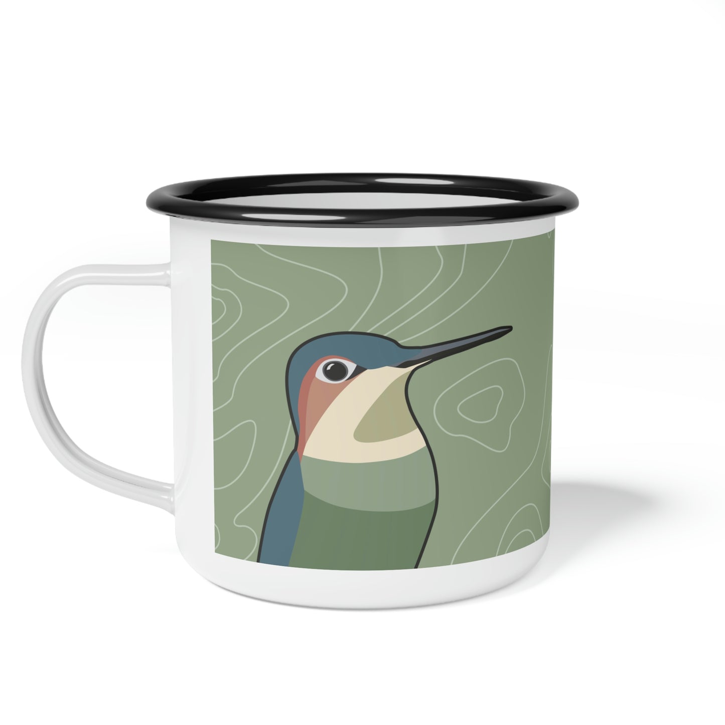 Hummingbirds on Sage Green, Enamel Camping Mug for Coffee, Tea, Cocoa, or Cereal - 12oz