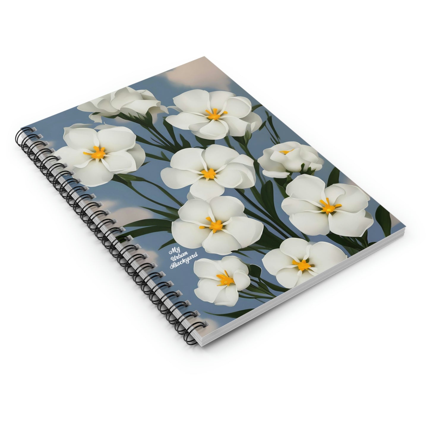 Spiral Notebook Writing Journal with 118 ruled line pages - White Flowers