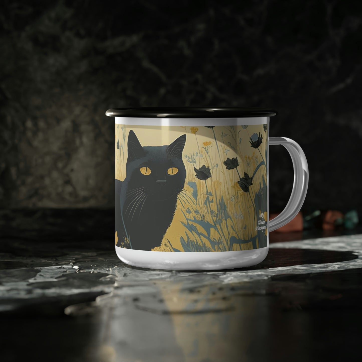 Black Cat with Black Flowers, Enamel Camping Mug for Coffee, Tea, Cocoa, or Cereal - 12oz