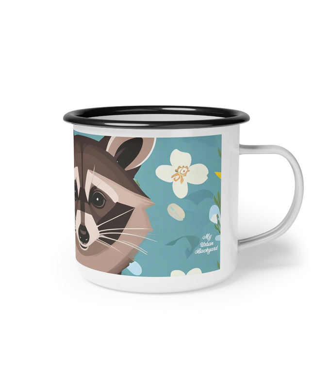 Raccoon with Flowers, Enamel Camping Mug for Coffee, Tea, Cocoa, or Cereal - 12oz