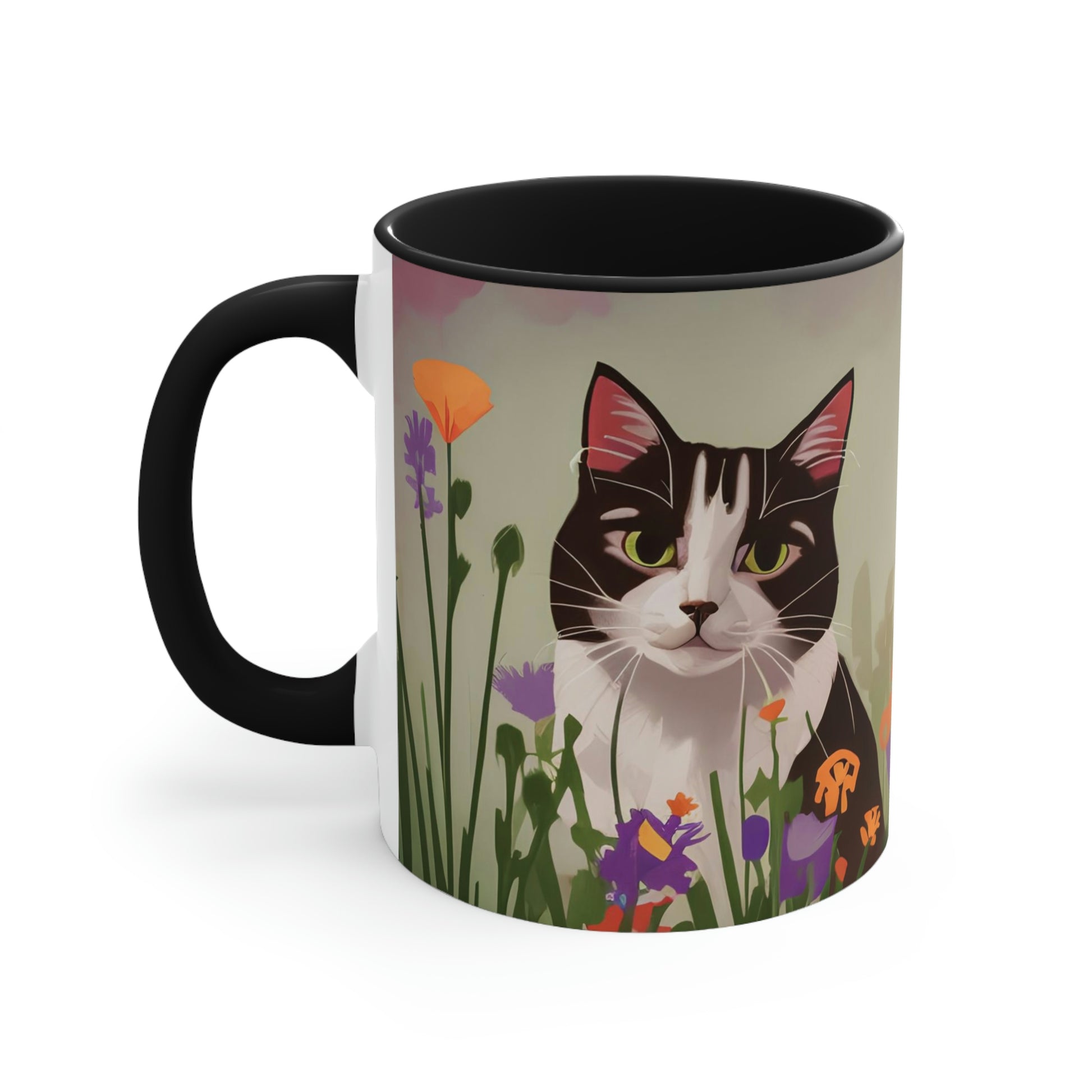 Cat with Wildflowers, Ceramic Mug - Perfect for Coffee, Tea, and More!
