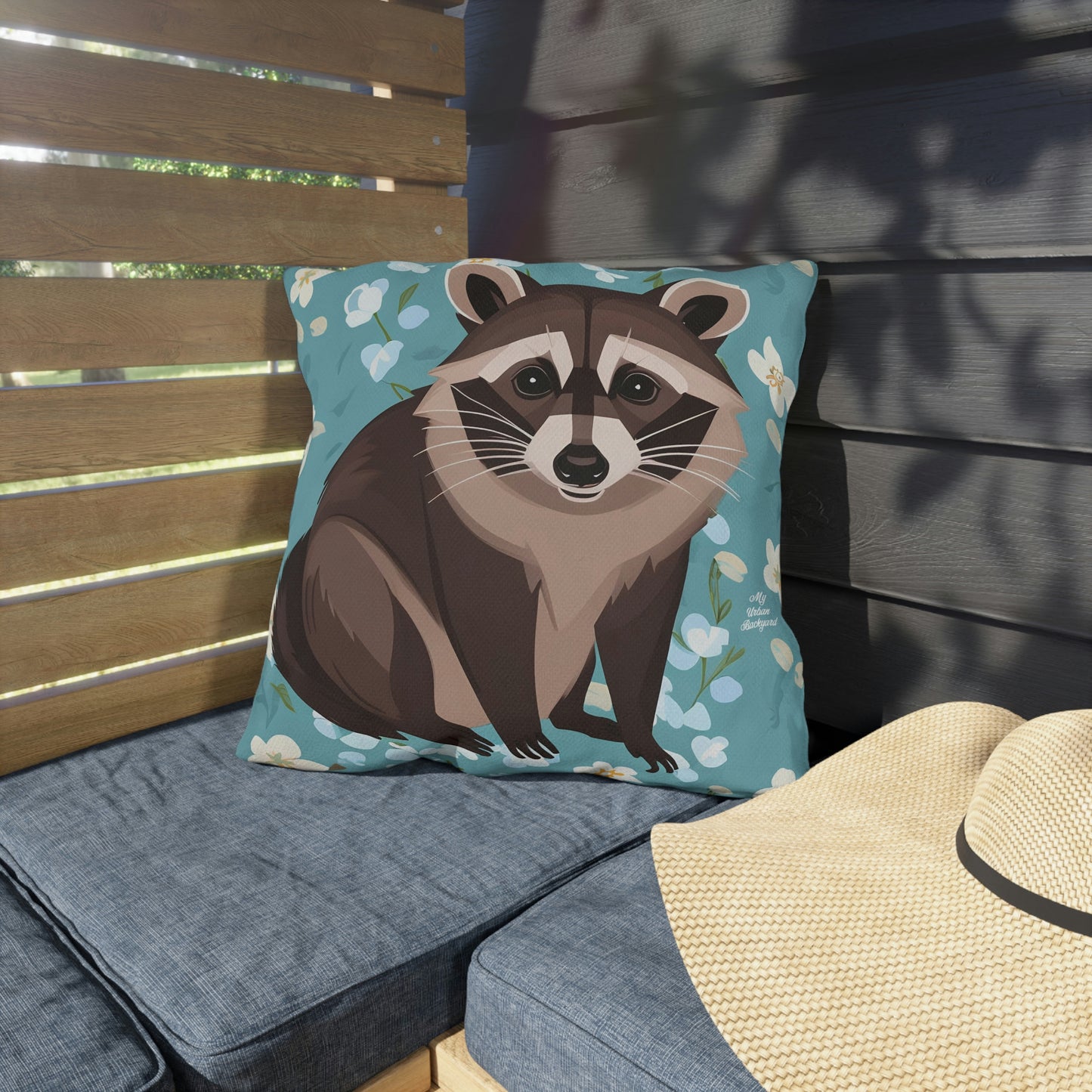 Young Raccoon and Flowers, Versatile Throw Pillow - Home or Office Decor