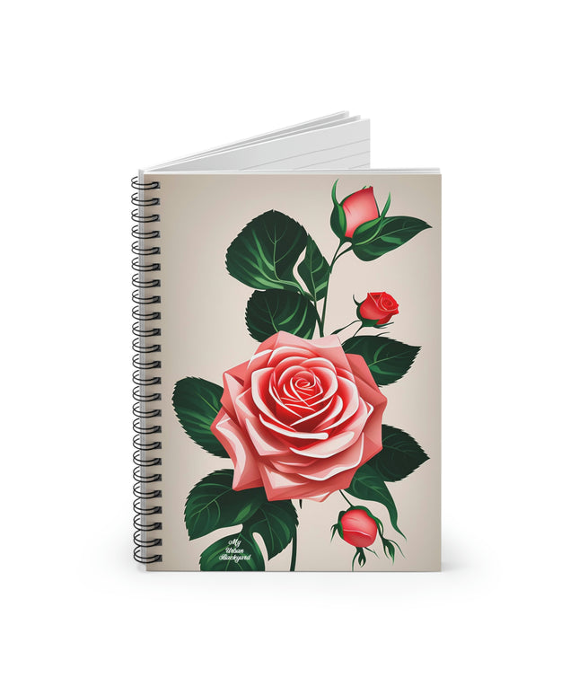 Spiral Notebook Writing Journal with 118 ruled line pages - Pink Rose Flowers