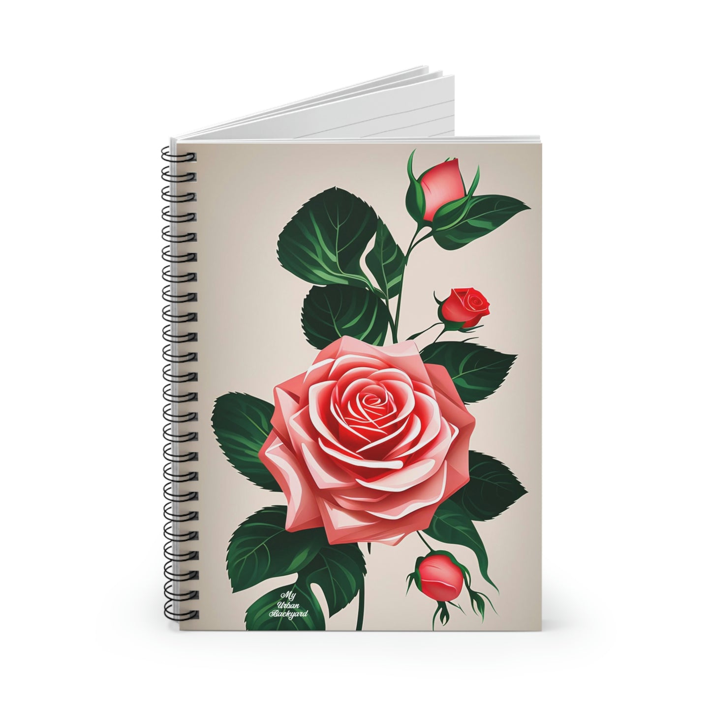 Spiral Notebook Writing Journal with 118 ruled line pages - Pink Rose Flowers