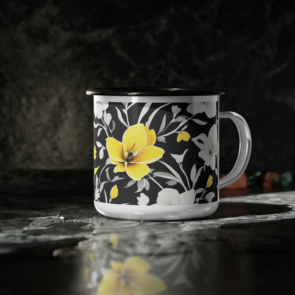 Yellow Flowers, Enamel Camping Mug for Coffee, Tea, Cocoa, or Cereal - 12oz