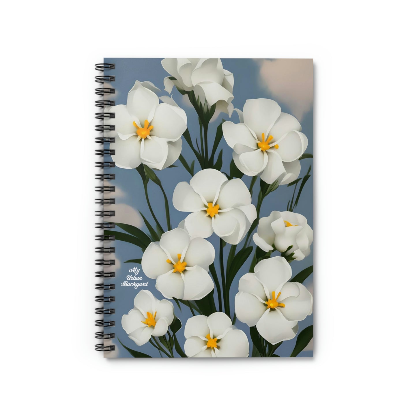 Spiral Notebook Writing Journal with 118 ruled line pages - White Flowers