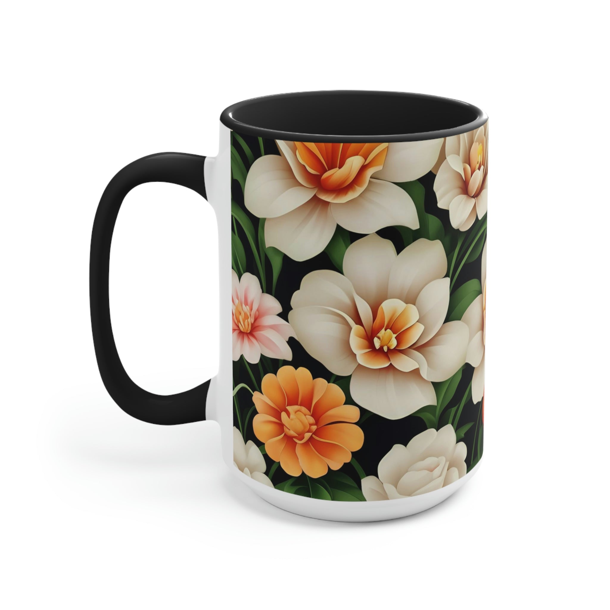 White Flowers, Ceramic Coffee Mug
