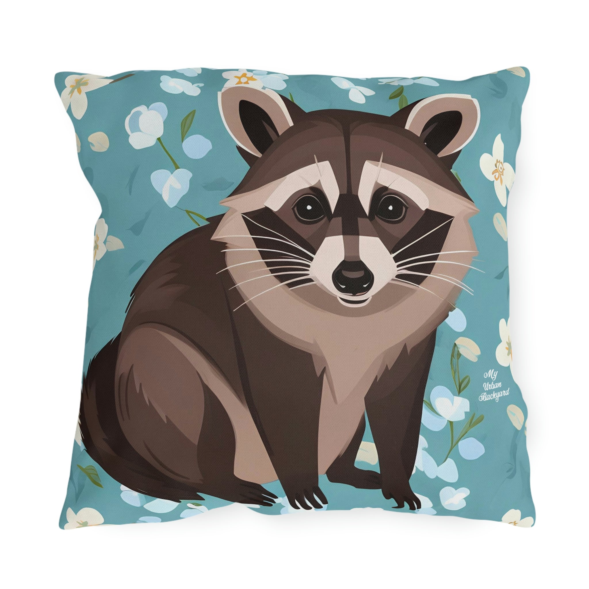 Young Raccoon and Flowers, Throw Pillow