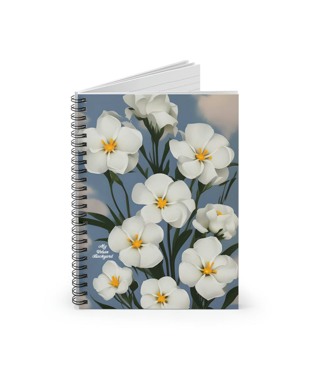 Spiral Notebook Writing Journal with 118 ruled line pages - White Flowers