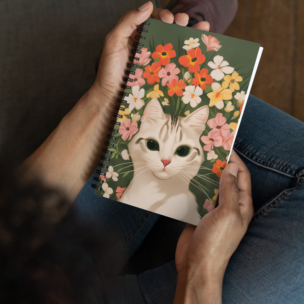 White Cat and Flowers, Spiral Notebook Writing Journal, 140 DOTTED pages
