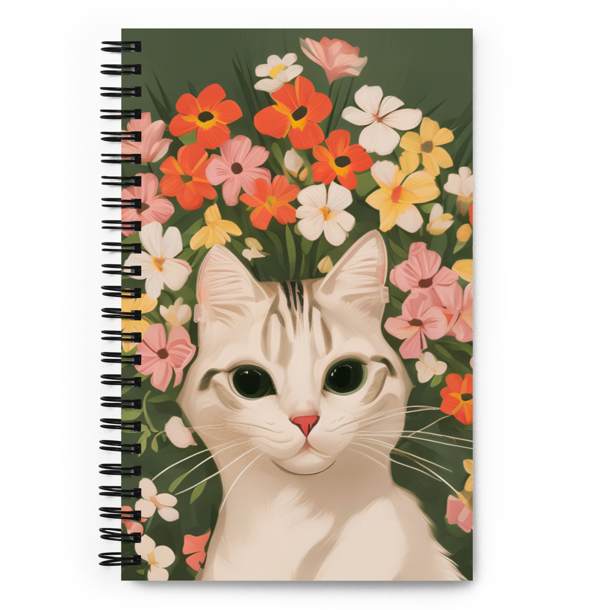White Cat and Flowers, Spiral Notebook Writing Journal, 140 DOTTED pages