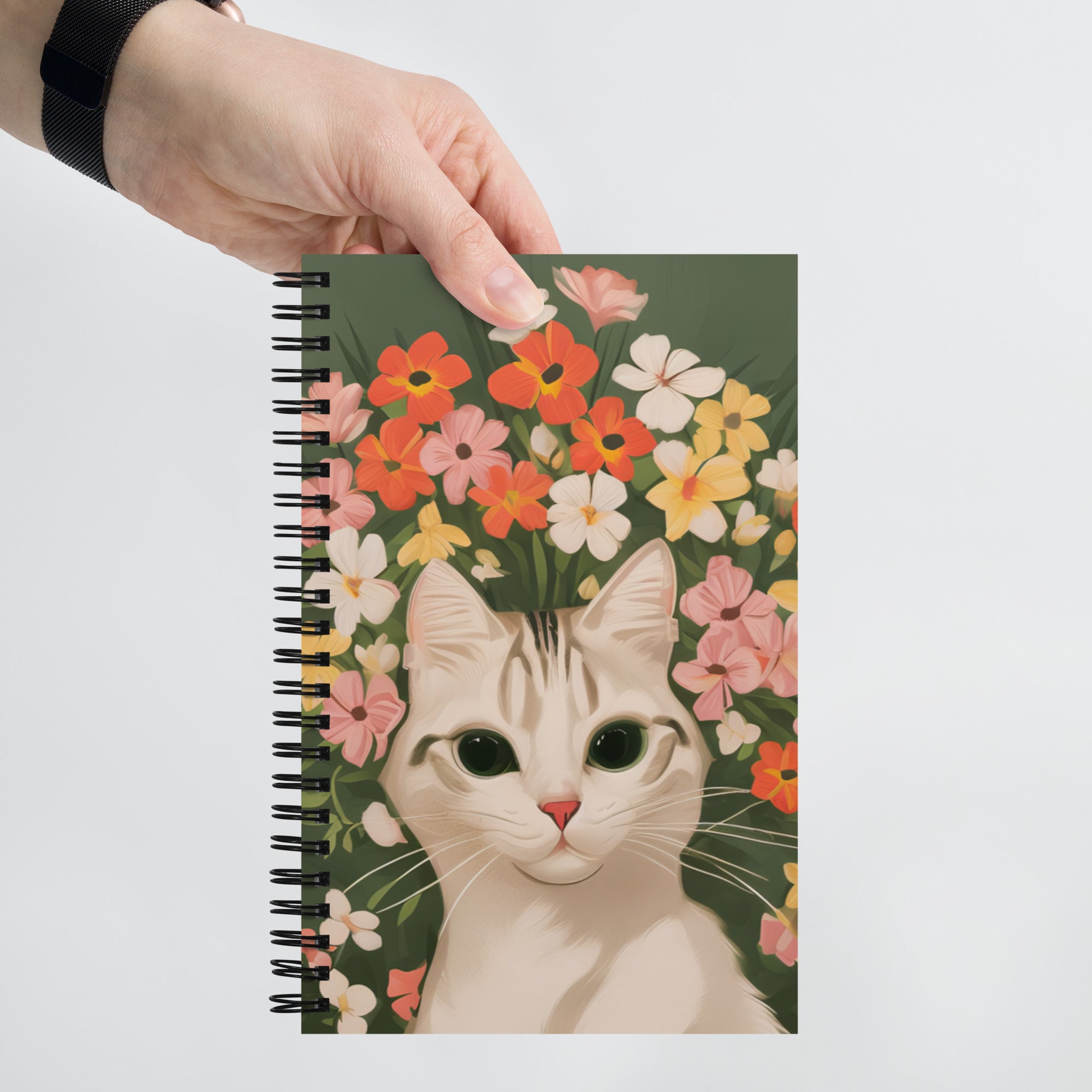 White Cat and Flowers, Spiral Notebook Writing Journal, 140 DOTTED pages