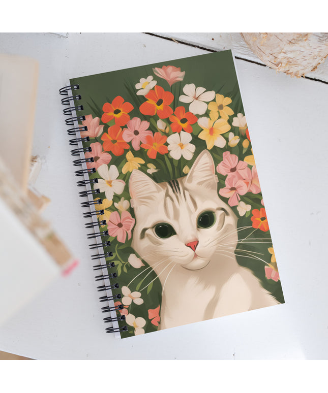 White Cat and Flowers, Spiral Notebook Writing Journal, 140 DOTTED pages