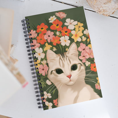 White Cat and Flowers, Spiral Notebook Writing Journal, 140 DOTTED pages